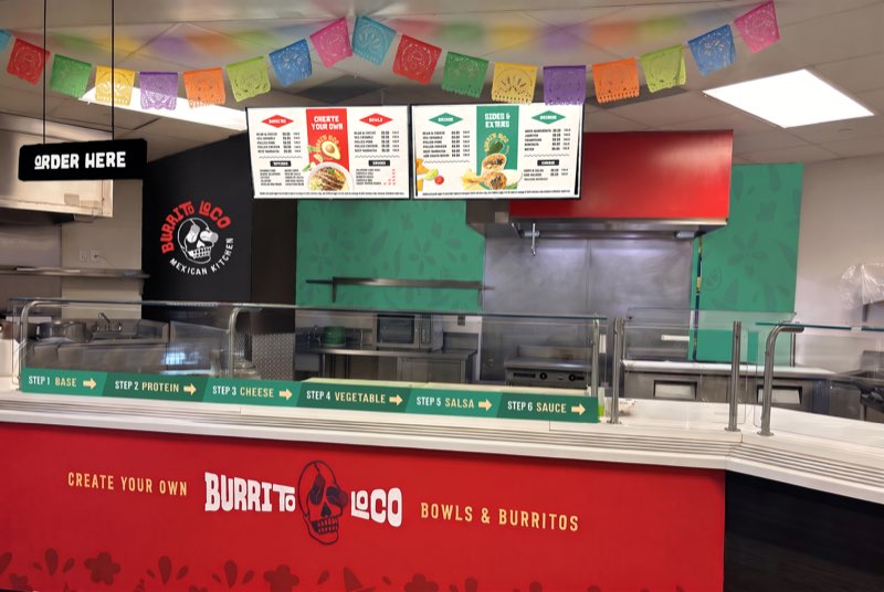 Burrito Loco counter with red wrap, green step strip, menu screens and papel picado