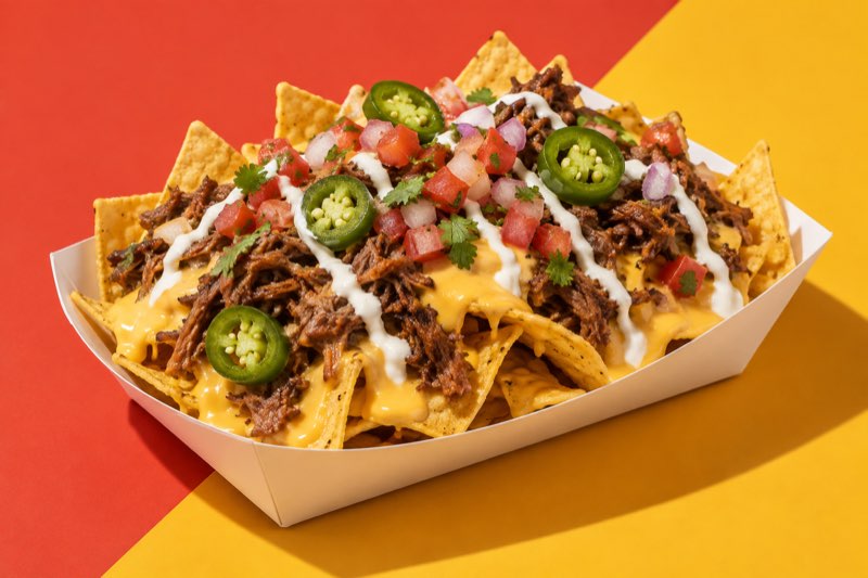 Loaded nachos with queso, beef, pico de gallo and jalapeños