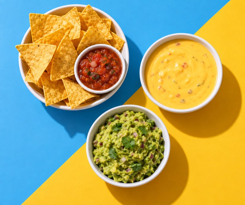 Chips with salsa, queso and guacamole in small bowls