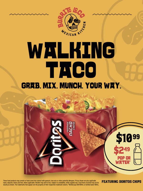 Burrito Loco Walking Taco LTO poster: a bag of Doritos topped with taco fillings