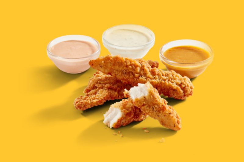 Chicken tenders, drumsticks and popcorn chicken, each with dipping sauces