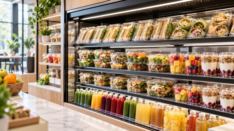 Open grab-and-go cooler stocked with sandwiches, wraps, salads and drinks