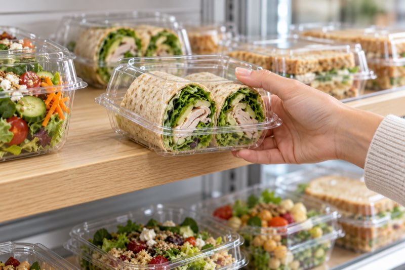 A hand picking up a packaged wrap from a cooler shelf