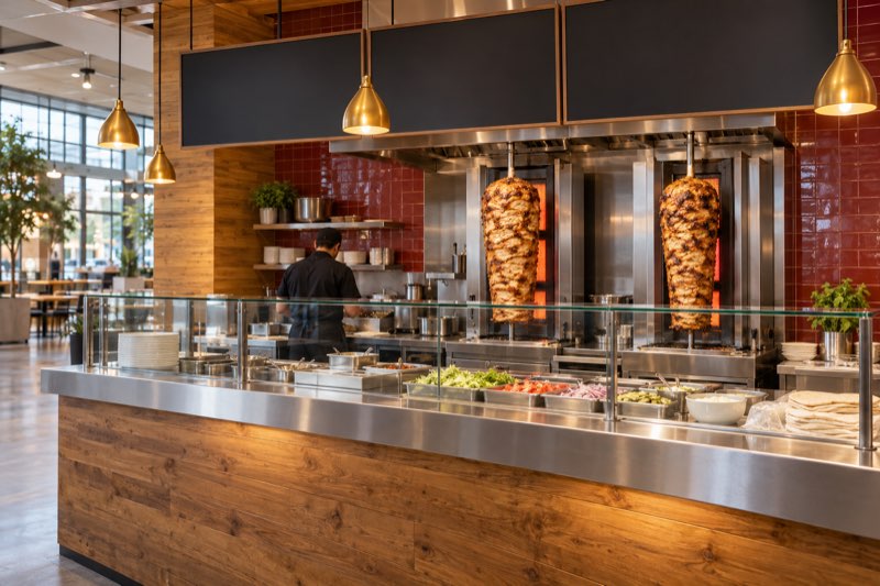 Shawarma counter with two vertical spits behind glass
