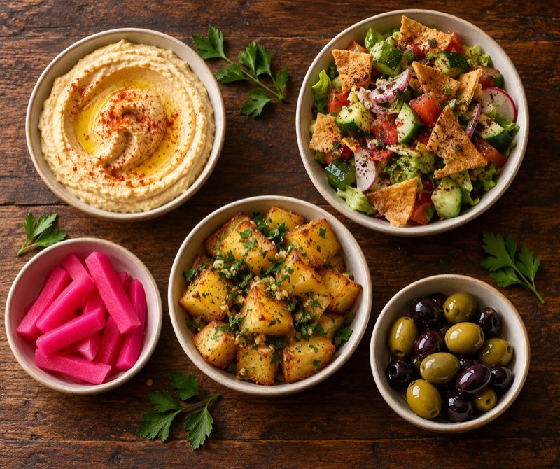 Hummus, fattoush, garlic potatoes and pickles